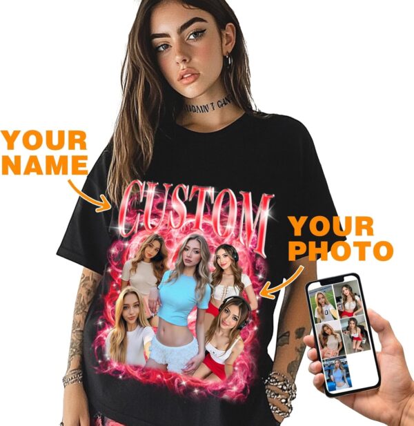 Custom Bootleg Rap Tee Shirts Add Your Text & Face Photo - Custom Picture Gifts for Girlfriend Boyfriend - Custom Personalized Vintage Graphic T Shirts for Birthday & Valentines Day Multi