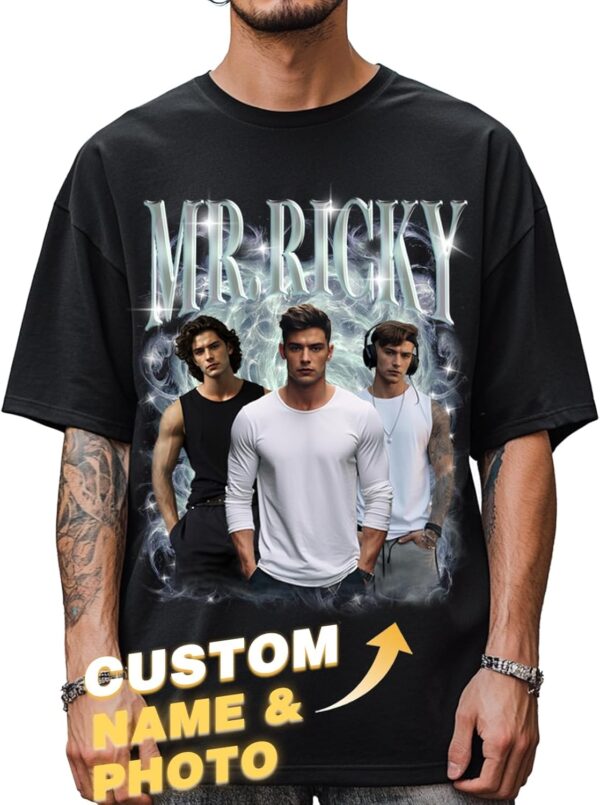 Custom Bootleg Rap T-Shirts Add Text & Face Photo - Custom Couple T-Shirt for Girlfriend Boyfriend Birthday Valentines Black