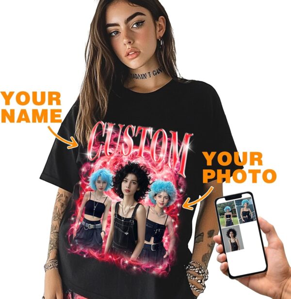 Custom Bootleg Rap Tee Shirts for Men Women Add Your Text & Face Photo - Custom Couple T-Shirt Gifts for Girlfriend Boyfriend Valentines & Birthday White