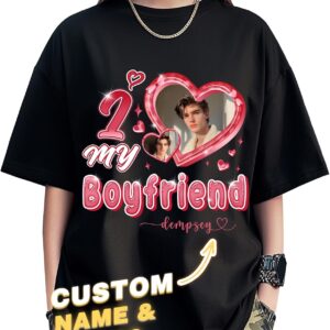 Custom I Love My Boyfriend Girlfriend T-Shirts, Custom Face Shirt for Birthday Valentine Day Black