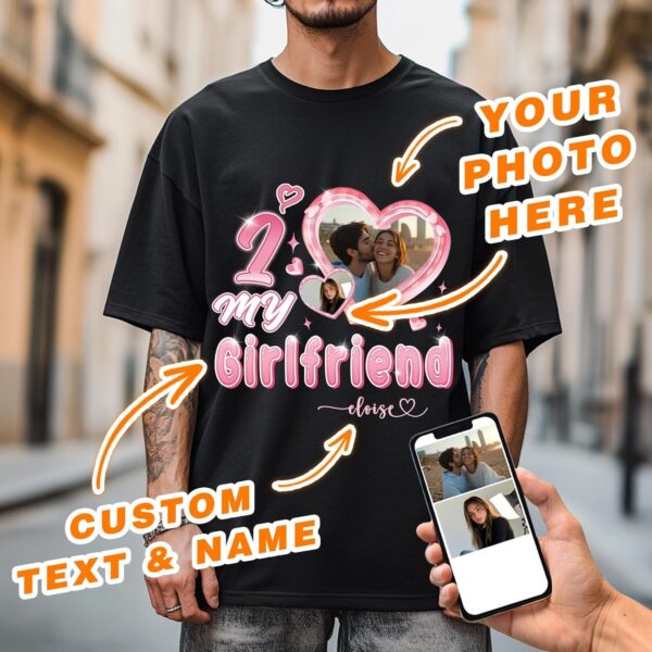 Custom I Love My Boyfriend Girlfriend T-Shirts, Custom Face Shirt for Birthday Valentine Day Black